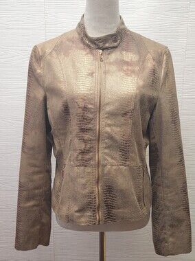 Boston Proper Metallic Snakeskin Print Moto Jacket Women’s Size 10 Gold Bronze